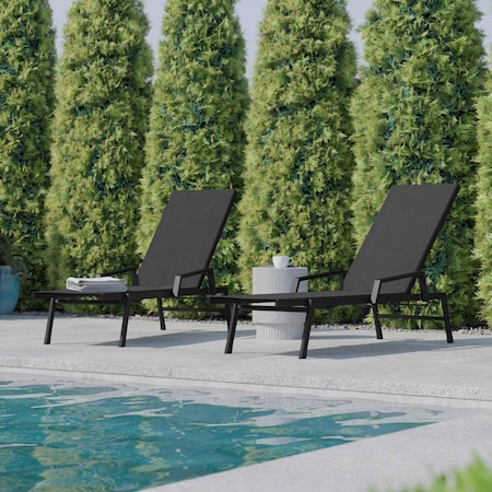 Flash Furniture Black/Black Adjustable Chaise Lounge with Arms, 2PK 2-JJ-LC323-BLK-BLK-GG